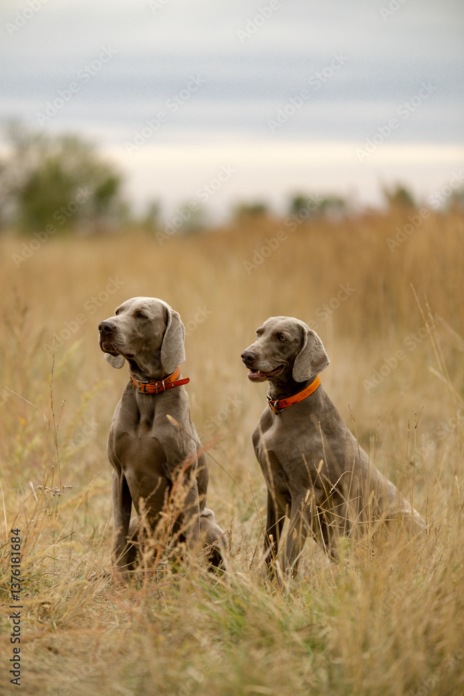 Weimar pointing dogs on the hunt. Hunting with a dog for large birds. Autumn hunting with a dog. Weimar pointing dogs on the hunt. Hunting with a dog for large birds. Autumn hunting with a dog.