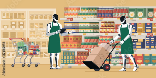 Humanoid robots working at the supermarket