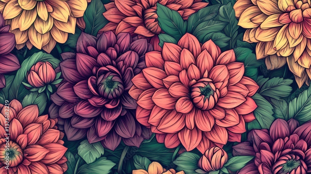 Seamless pattern featuring hand-drawn dahlia flowers in vibrant colors, showcasing intricate details and floral beauty, perfect for textiles, wallpapers, and stationery designs. illustration Seamless pattern featuring hand-drawn dahlia flowers in vibrant colors, showcasing intricate details and floral beauty, perfect for textiles, wallpapers, and stationery designs. illustration