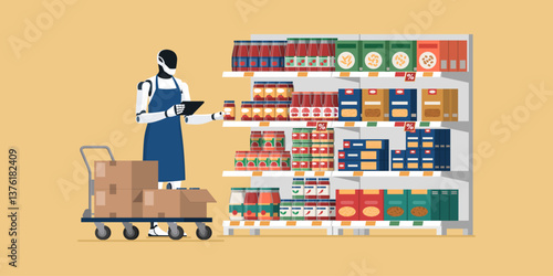 Humanoid robot working at the supermarket