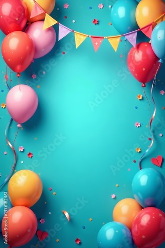 Festive birthday card design featuring balloons and garlands in vibrant colors, design, festive, birthday