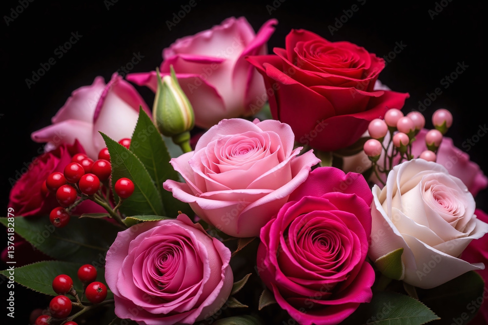 Fototapeta premium bunch of pink and red flowers on a black background
