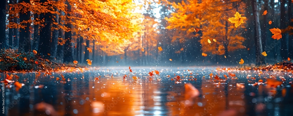 Vibrant autumn forest reflected in a tranquil pond Vibrant autumn forest reflected in a tranquil pond