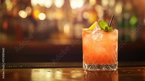 Refreshing Cocktail Drink with Orange Peel and Mint at Bar