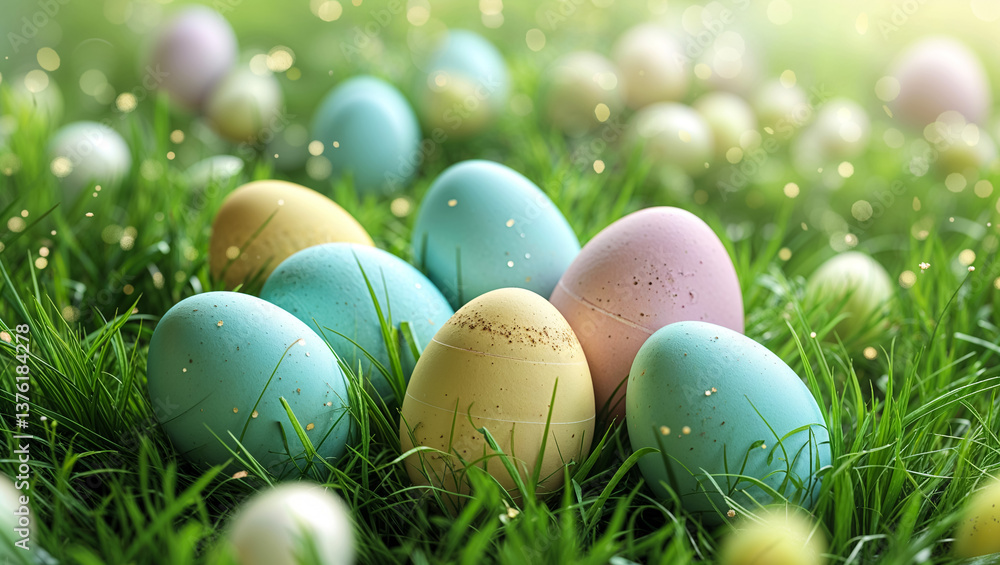 Fototapeta premium Pastel Easter eggs nestled in vibrant green grass, sparkling with festive joy and springtime magic, bathed in soft sunlight.