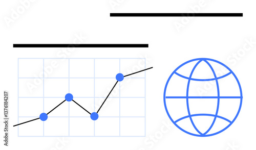 Line chart with rising data points next to global sphere outline indicating progress, trends, analytics, and connectivity. Ideal for business, data analysis, global growth, research, marketing