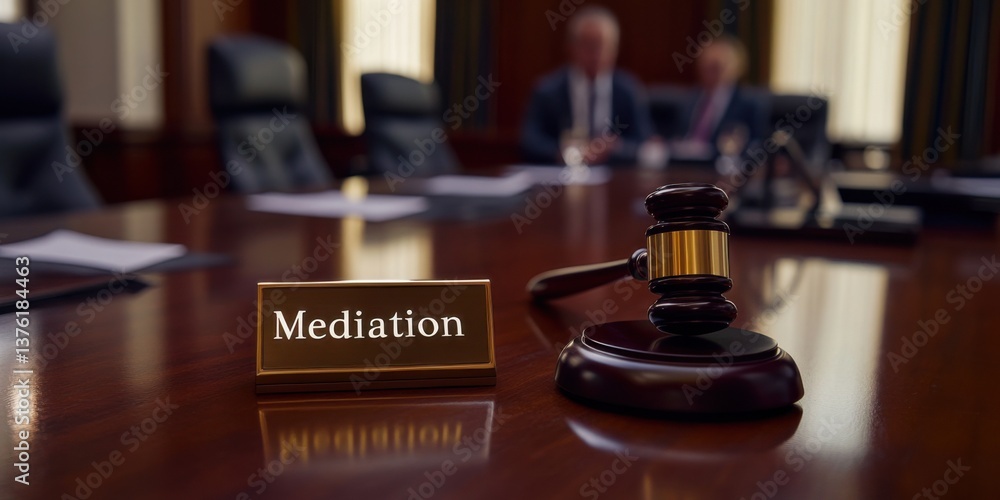 Mediation session in a formal conference room with a gavel and nameplate visible on the table Mediation session in a formal conference room with a gavel and nameplate visible on the table