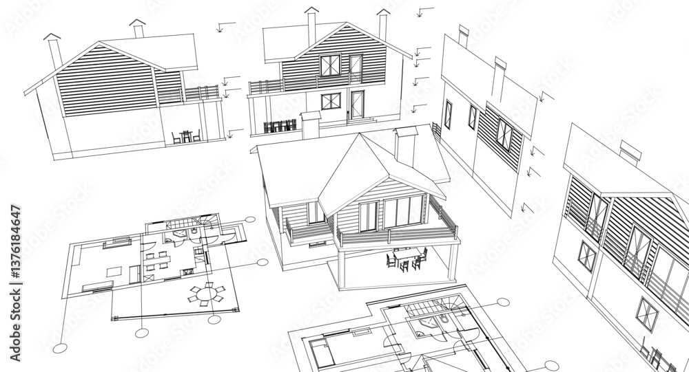 Fototapeta premium house architectural project sketch 3d illustration 