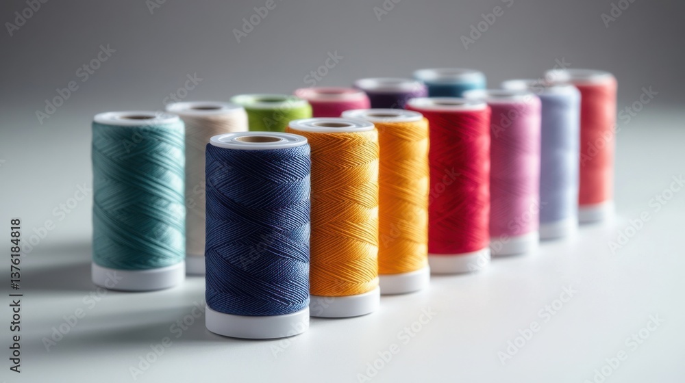 Colorful sewing threads arranged in a row showcasing vibrant hues and textures under soft lighting Colorful sewing threads arranged in a row showcasing vibrant hues and textures under soft lighting