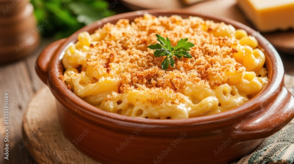 Creamy baked macaroni and cheese with golden breadcrumbs served in a rustic dish Creamy baked macaroni and cheese with golden breadcrumbs served in a rustic dish