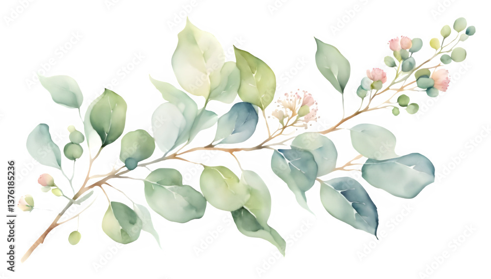 Watercolor Eucalyptus Branch – Elegant Botanical Greenery Illustration, Hand-Painted Green Leaves clipart, Soft Pastel Eucalyptus Leaves – Delicate Botanical Artwork Watercolor Eucalyptus Branch – Elegant Botanical Greenery Illustration, Hand-Painted Green Leaves clipart, Soft Pastel Eucalyptus Leaves – Delicate Botanical Artwork