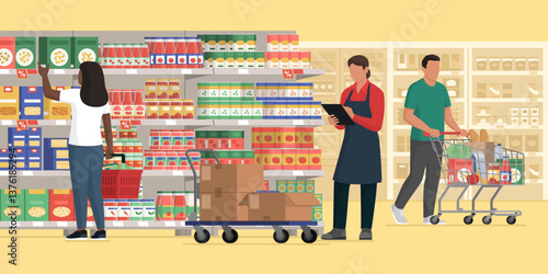 Customers buying groceries at the supermarket and stock clerk checking products