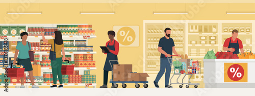 Customers and workers at the grocery store