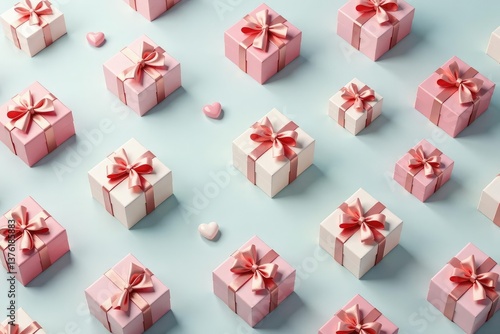 Elegant repeating gift box pattern, pastel colors, ribbon, anniversary