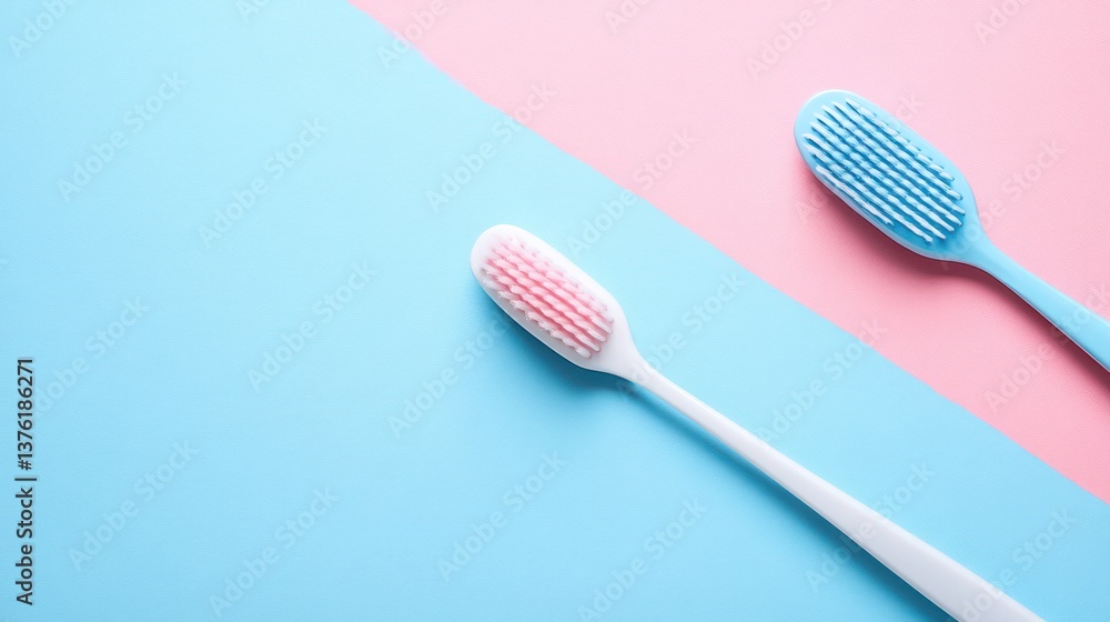 Two toothbrushes on a pastel blue and pink background Two toothbrushes on a pastel blue and pink background