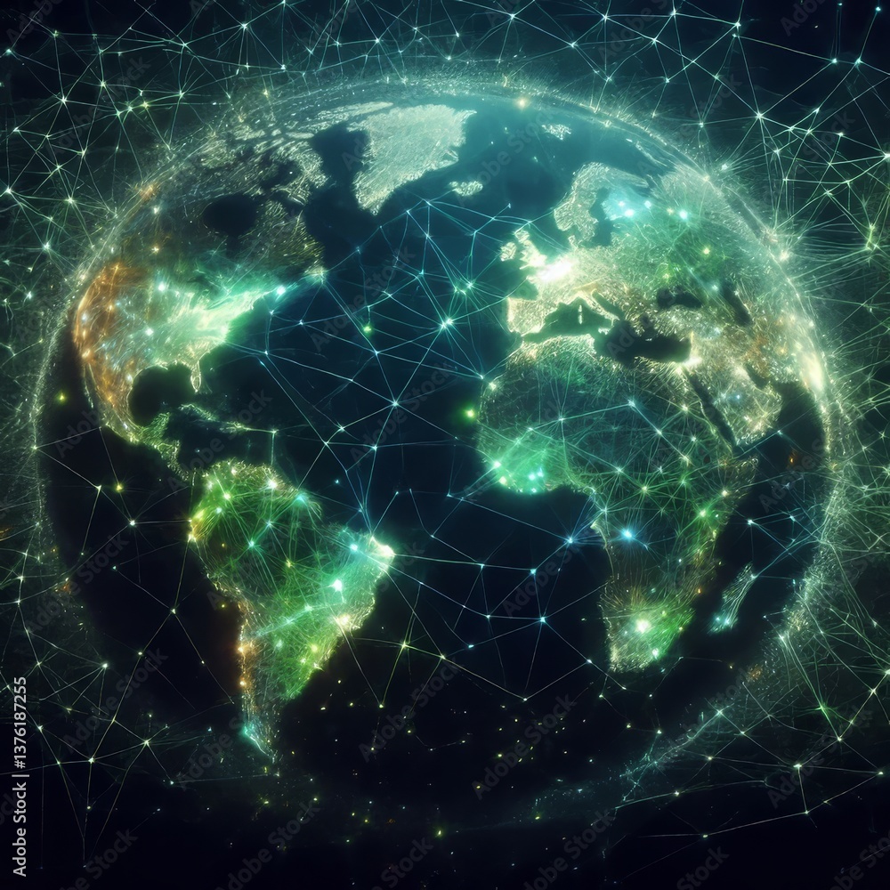 Abstract tech Earth Day wallpaper: Network of glowing green and blue lines forming a stylized map of the world on a dark, textured background, representing global connection and environmental data Abstract tech Earth Day wallpaper: Network of glowing green and blue lines forming a stylized map of the world on a dark, textured background, representing global connection and environmental data