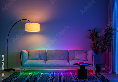 a modern living room with ambient LED lighting and comfortable furniture. 3D render