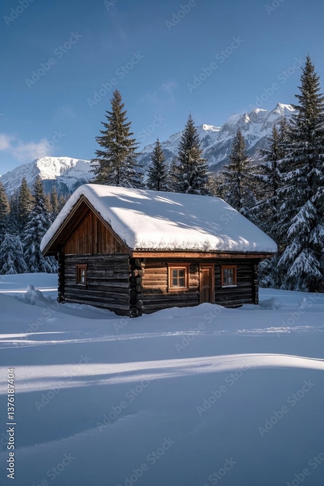 snowy cabin in the mountains with pine trees and snow on the roof snowy cabin in the mountains with pine trees and snow on the roof