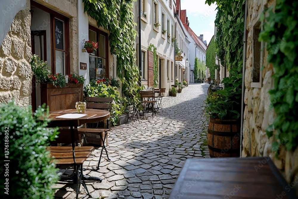 Fototapeta premium Charming old European town square with cobblestone streets and outdoor cafes