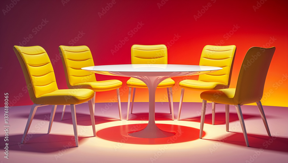 Fototapeta premium A vibrant yellow dining set bathed in warm light, perfect for stylish gatherings and memorable meals, featuring sleek, modern chairs and a smooth, round table.