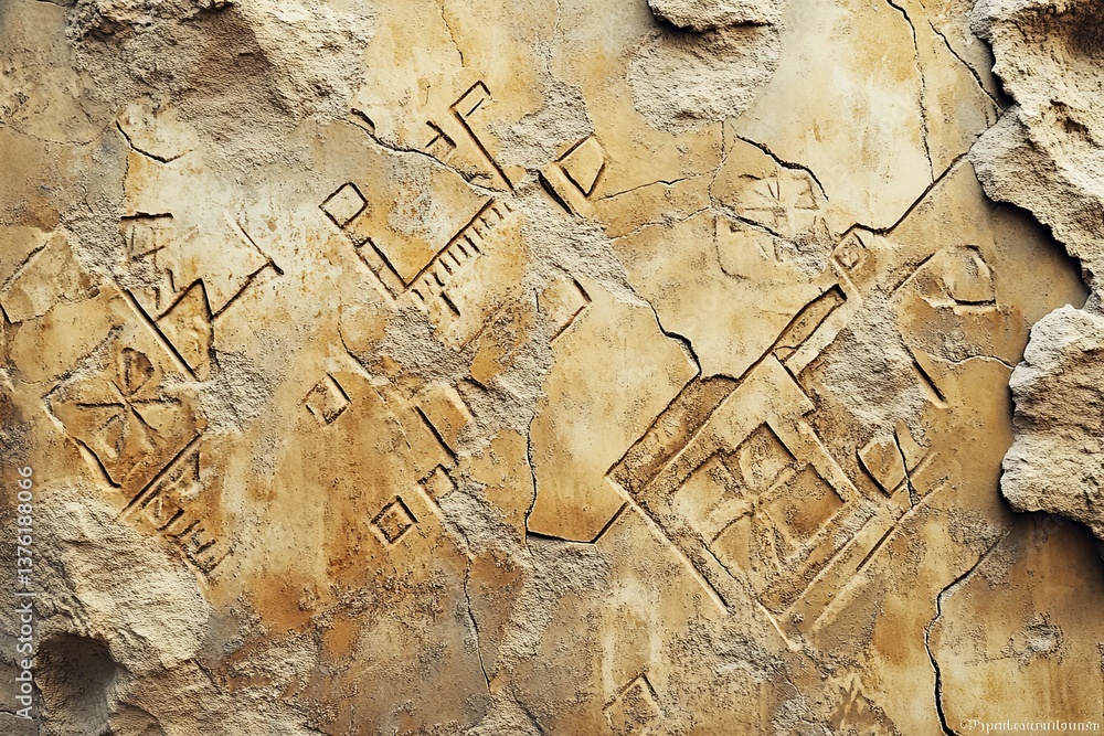 Fototapeta premium Carved abstract shapes on an old textured weathered stone surface