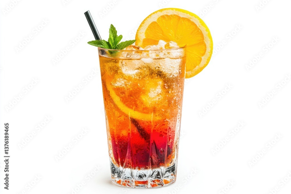 Refreshing Cocktail Drink with Orange Slice and Ice Cubes on White Refreshing Cocktail Drink with Orange Slice and Ice Cubes on White