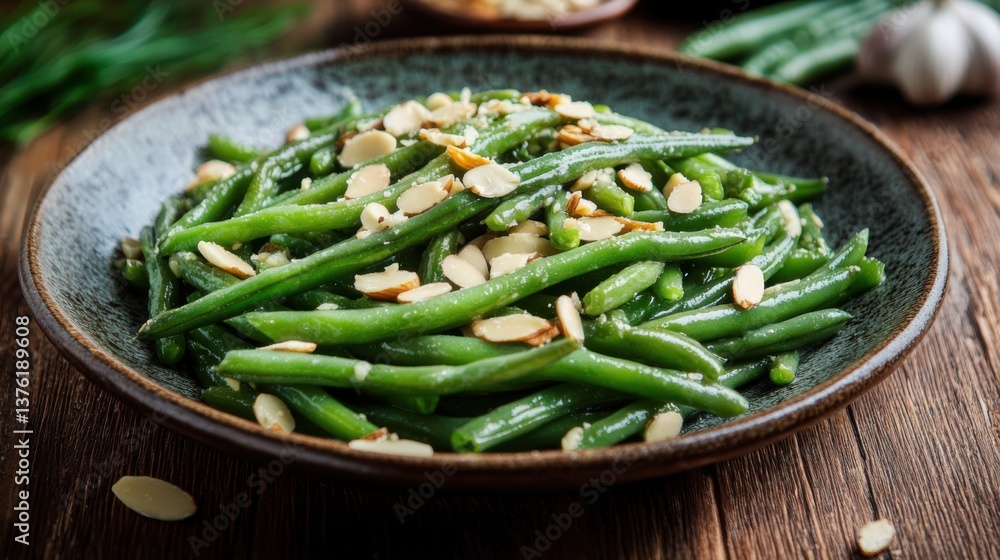 Fresh green beans tossed with almonds served in a rustic bowl on a wooden table Fresh green beans tossed with almonds served in a rustic bowl on a wooden table