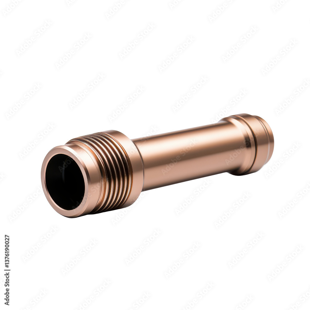A close-up image of a copper pipe fitting showcasing its detailed threading. transparent background. A close-up image of a copper pipe fitting showcasing its detailed threading. transparent background.