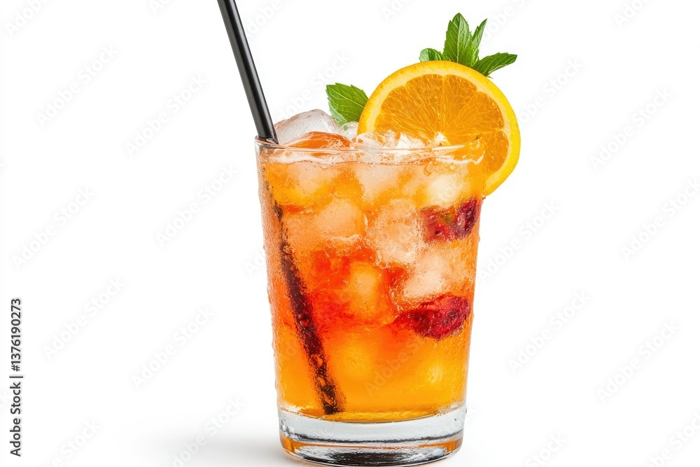 Refreshing Orange Cocktail with Ice and Straw on a White Background Refreshing Orange Cocktail with Ice and Straw on a White Background