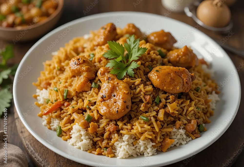 A close-up of a plate of biryani with a fork and spoon, steam rising from the dish A close-up of a plate of biryani with a fork and spoon, steam rising from the dish