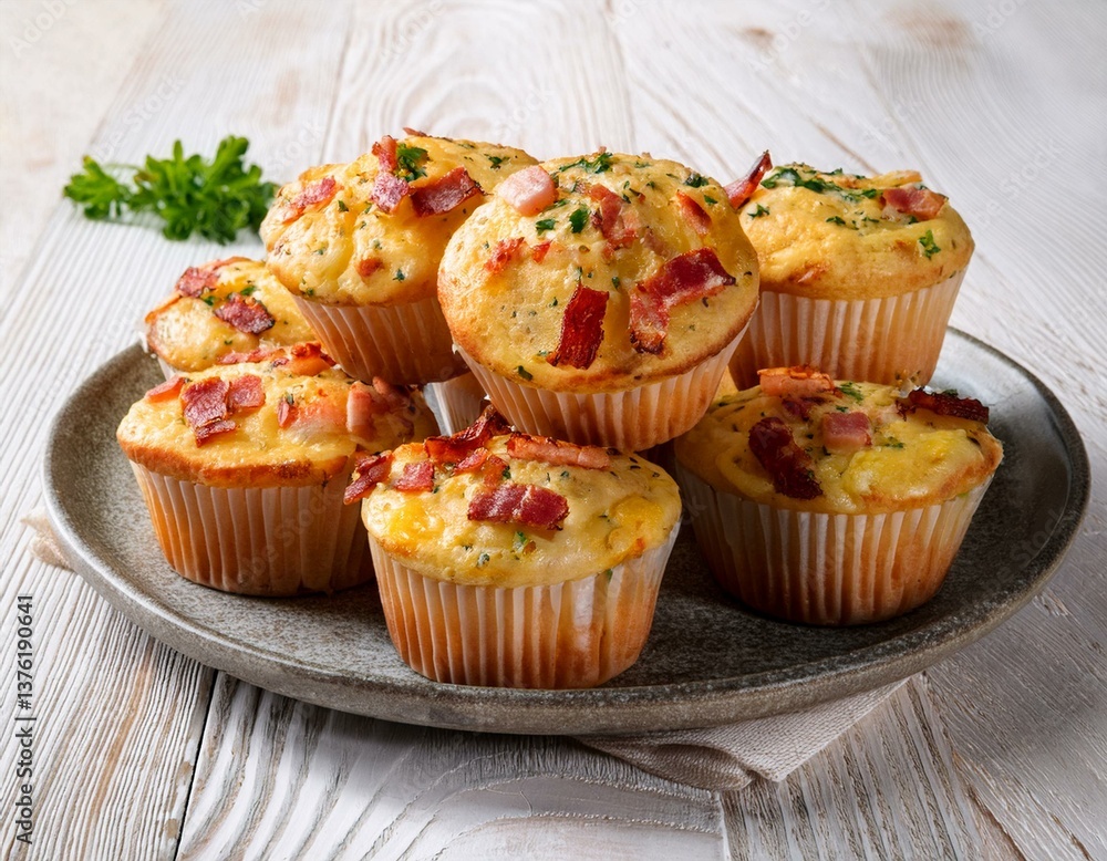 Savory cheese and bacon muffins on the white wooden table Savory cheese and bacon muffins on the white wooden table