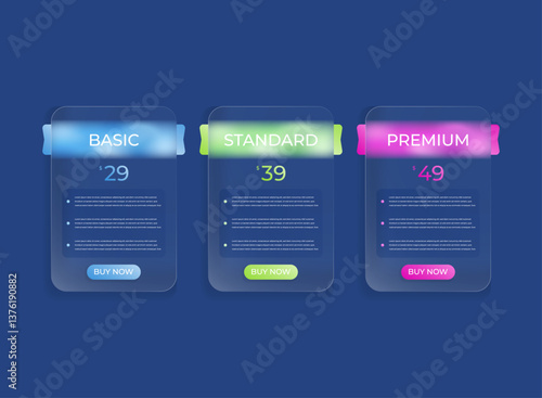 price chart table plans list tariff modern trendy gradient glass morphism shape vector illustration