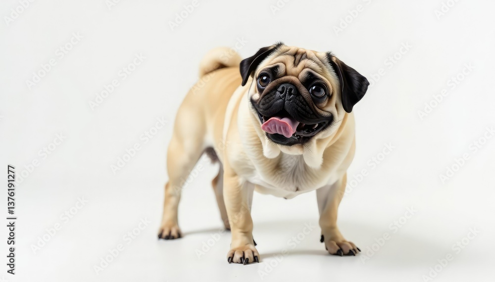 Obraz premium Solo pug, alert expression, pure white backdrop, pug, brown eyes