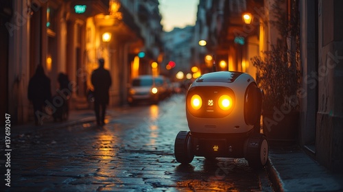 Fototapeta Naklejka Na Ścianę i Meble -  A small robotic delivery vehicle moves along a cobblestone street, illuminated by warm streetlights, as pedestrians stroll by in the evening twilight.