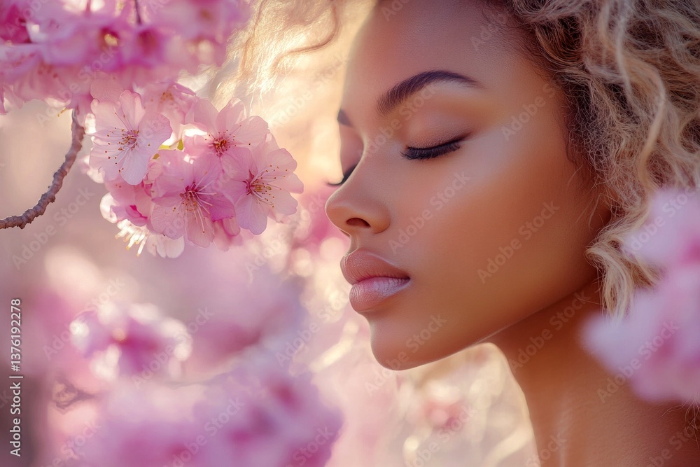 Spring mood creative,golden sunrise and fog. Lovely black adult woman inhaling the essence of cherry blossoms. Blooming garden with beautiful woman. Graceful woman in cherry blossoms. Spring mood creative,golden sunrise and fog. Lovely black adult woman inhaling the essence of cherry blossoms. Blooming garden with beautiful woman. Graceful woman in cherry blossoms.