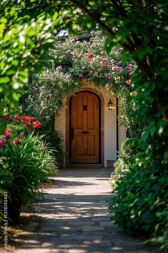 Fototapeta premium a close up of a wooden door in a garden with flowers