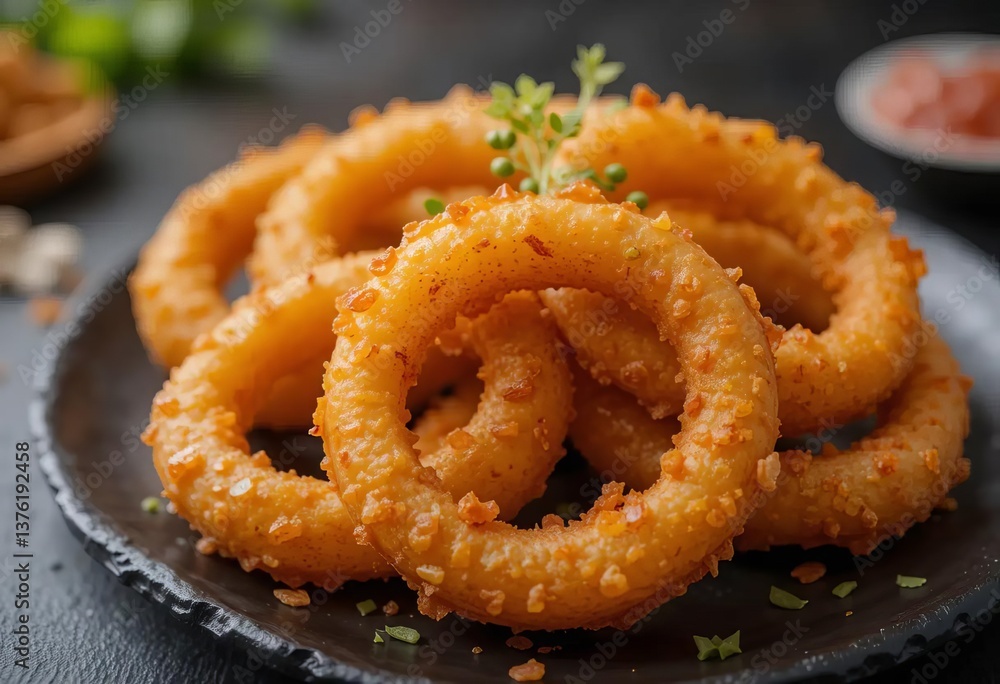 A close-up of crispy golden onion rings served on a black plate A close-up of crispy golden onion rings served on a black plate