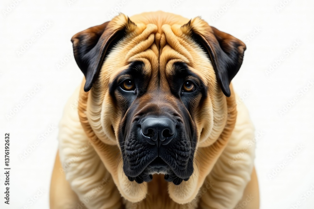 Imposing mastiff, intense gaze, pure white backdrop, brindle, canine, tan Imposing mastiff, intense gaze, pure white backdrop, brindle, canine, tan