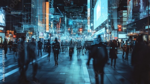 Wallpaper Mural AIpowered facial recognition scanning pedestrians walking on a city street, digital interface with data overlays, crowded urban night scene, surveillance tech illustration Torontodigital.ca
