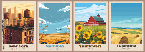 Vintage Travel Poster of Nebraska Sunflowers and Rural Landscape - Vector Illustration