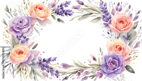 Watercolor Lavender Eucalyptus Wreath, Elegant Botanical Wreath Illustration, Purple Green Wedding Wreath Frame, lavendar and rose wreath, roses wreath