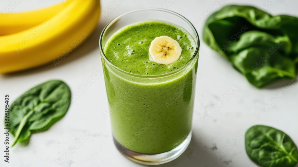 Refreshing green smoothie made with fresh spinach, banana, and almond milk in a bright kitchen setting Refreshing green smoothie made with fresh spinach, banana, and almond milk in a bright kitchen setting