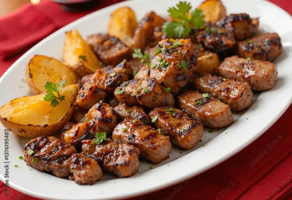 A platter of grilled assorted meats and potato wedges A platter of grilled assorted meats and potato wedges