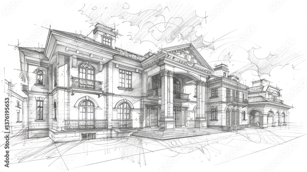 Fototapeta premium Architectural sketch of a grand mansion showcasing intricate details, surrounded by a scenic landscape