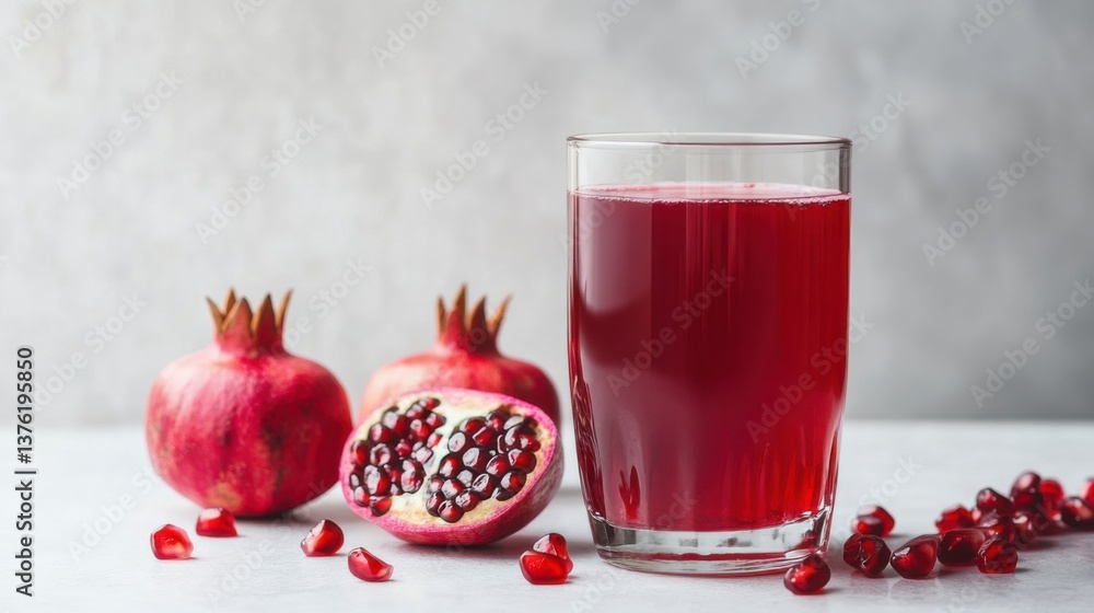 Fresh pomegranate juice served in a clear glass with whole and halved pomegranates on a light background Fresh pomegranate juice served in a clear glass with whole and halved pomegranates on a light background
