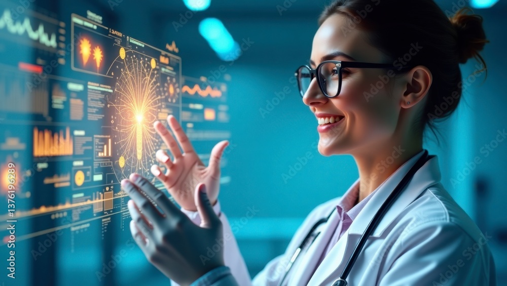 Doctor Analyzing Medical Data on Futuristic Screen with a Positive Expression Doctor Analyzing Medical Data on Futuristic Screen with a Positive Expression