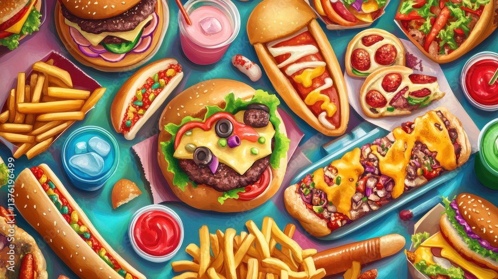 vibrant display mouthwatering fast food delights featuring beverages colorful composition, burger, fries, pizza, taco, sandwich, dessert, hotdog, wrap illustration vibrant display mouthwatering fast food delights featuring beverages colorful composition, burger, fries, pizza, taco, sandwich, dessert, hotdog, wrap illustration