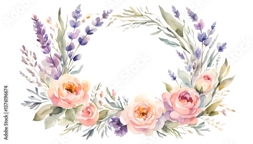 Watercolor Lavender Eucalyptus Wreath, Elegant Botanical Wreath Illustration, Purple Green Wedding Wreath Frame, lavendar and rose wreath, roses wreath