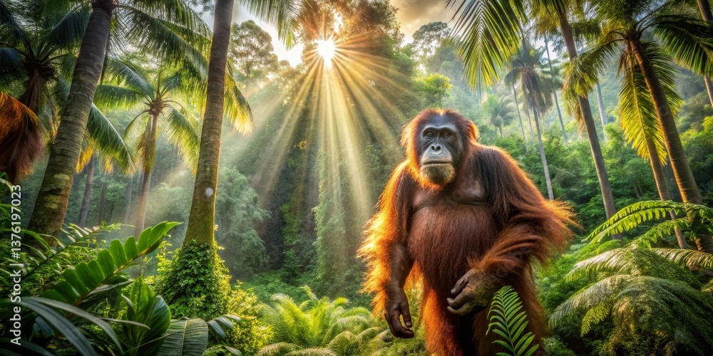 Obraz premium Majestic Orangutan in Sunlit Tropical Paradise, a Symbol of Untamed Nature's Beauty and the Importance of Wildlife Conservation