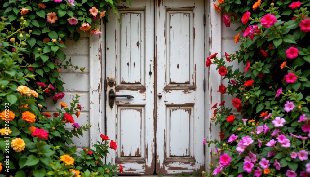 Fototapeta premium A beautifully aged wooden door with peeling paint, surrounded by vibrant flowers.